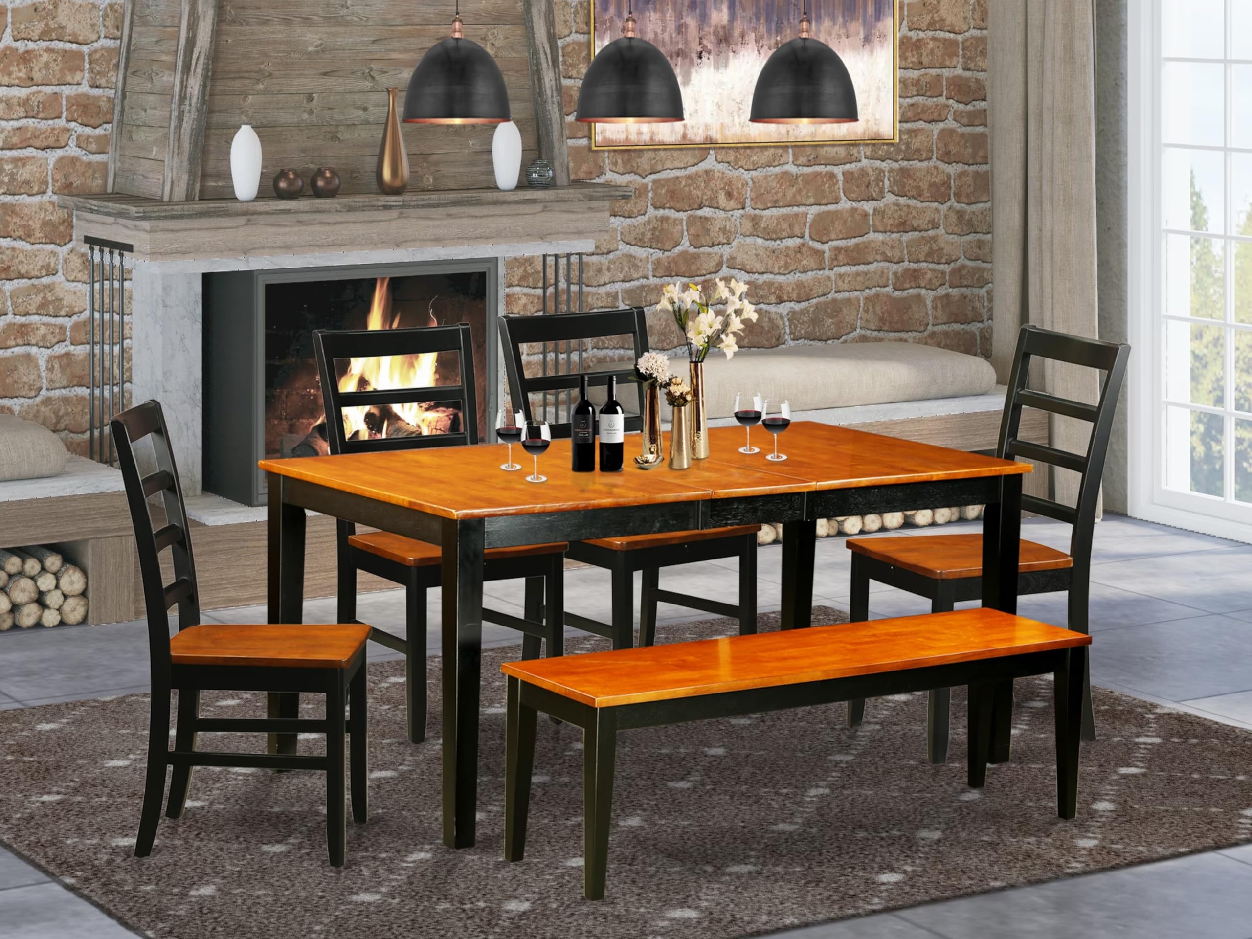 East West Furniture NIPF6-BCH-W 6 Piece Dining Room Table Set Contains a Rectangle Kitchen Table with Butterfly Leaf and 4 Dining Chairs with a Bench, 36x66 Inch, Black & Cherry