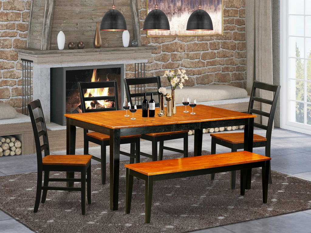 East West Furniture NIPF6-BCH-W 6 Piece Dining Room Table Set Contains a Rectangle Kitchen Table with Butterfly Leaf and 4 Dining Chairs with a Bench, 36x66 Inch, Black & Cherry