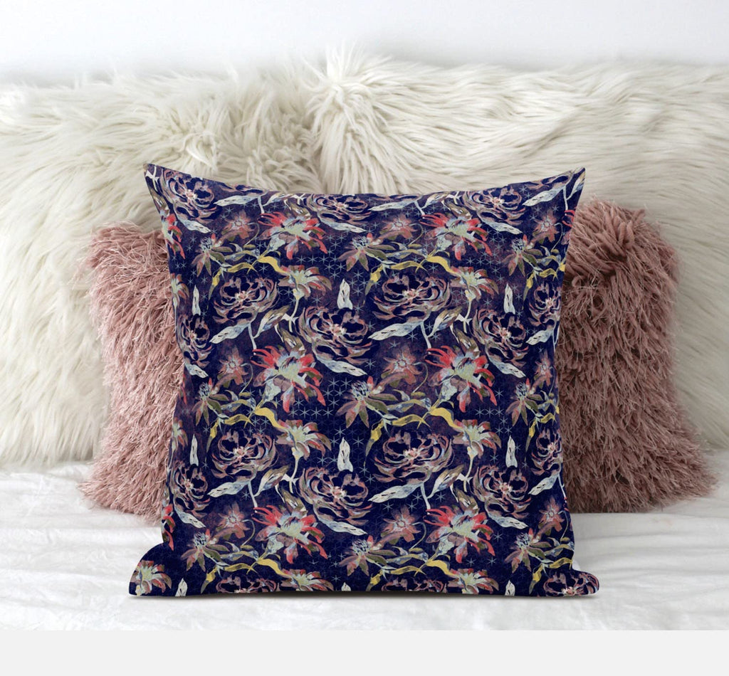 HomeRoots Red Blue Gold 20' Midnight Blue Roses Zippered Suede Throw Pillow
