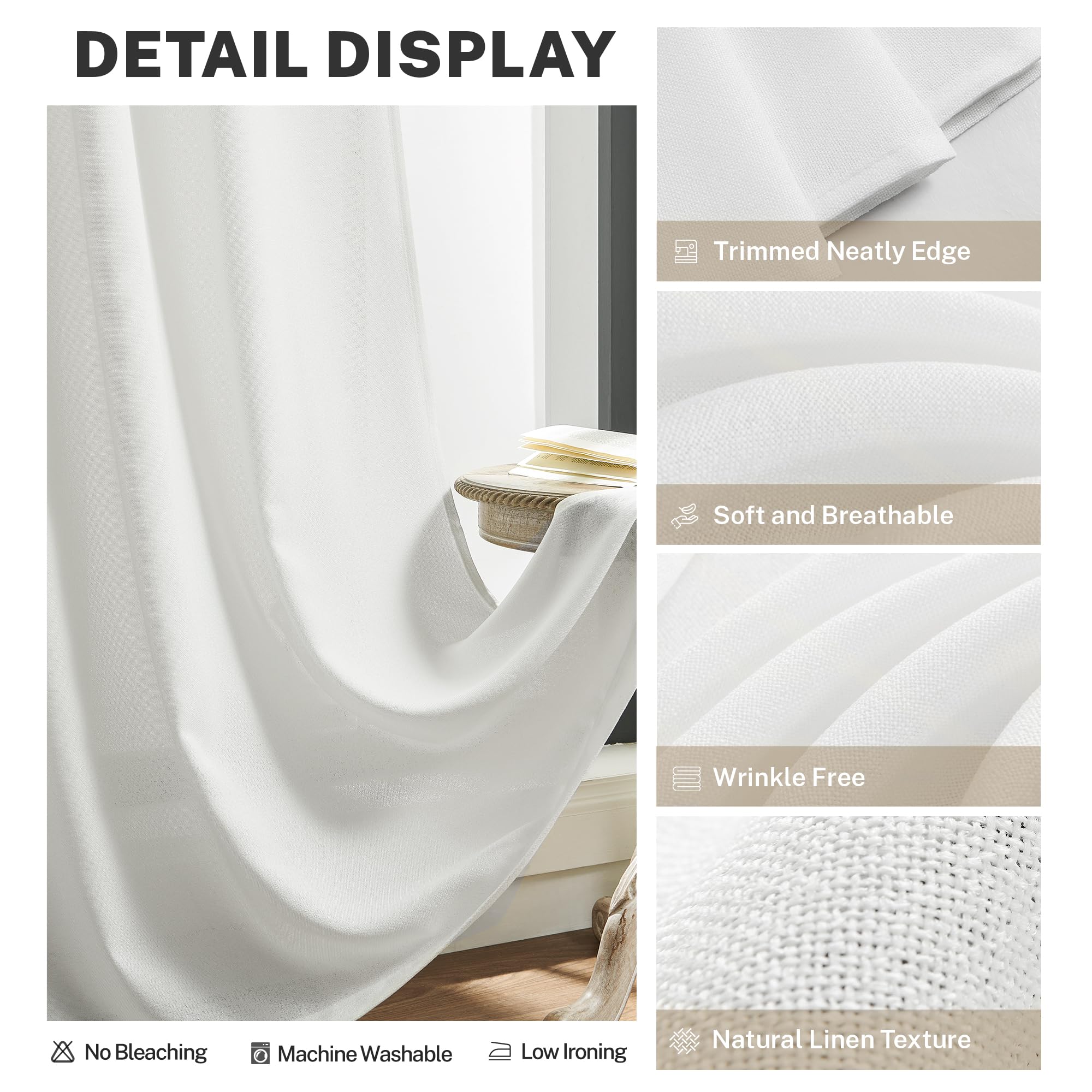 Meetbily White Linen Curtains 63 Inch Length For Living Room 2 Panels Back Tab Pocket Modern Farmhouse Semi Sheer Light Filterin