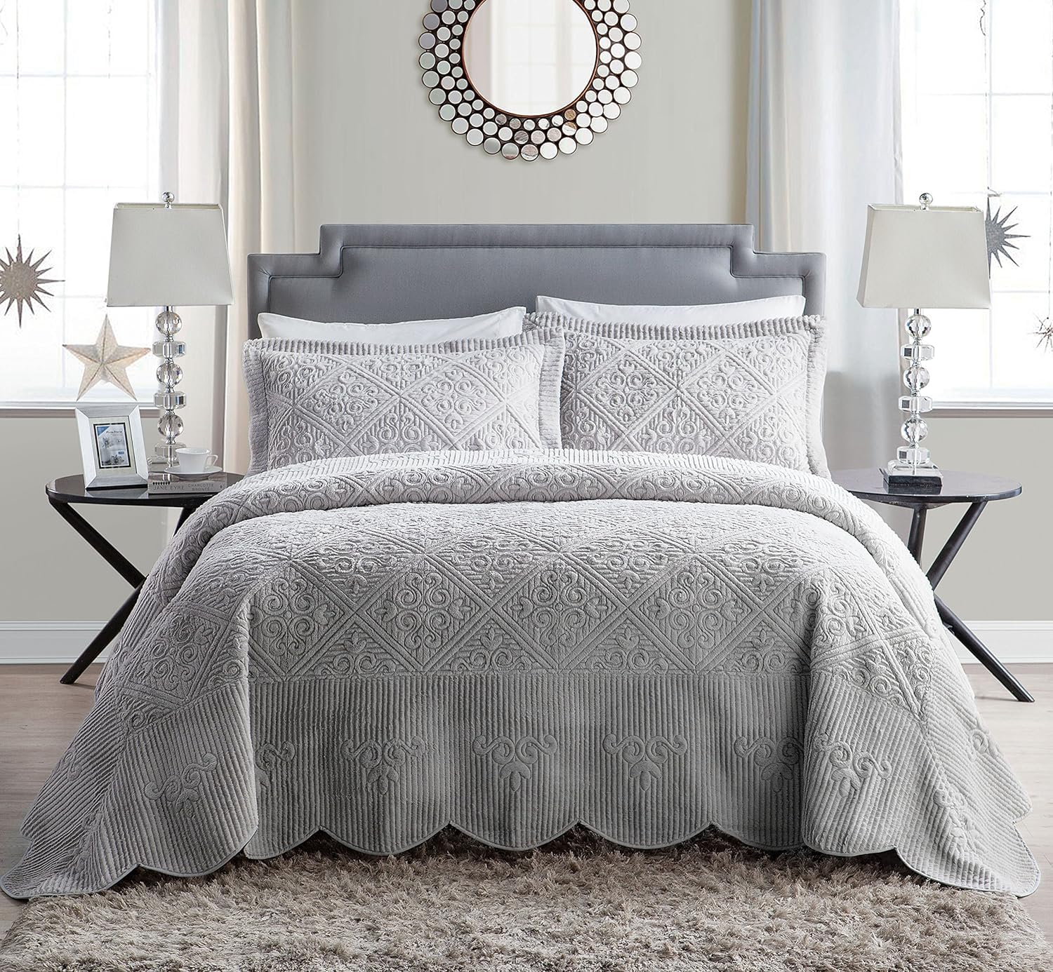 Vcny Home - Quilt Set, 3-Piece Plush Bedding With Matching Sham, Elegant Room Decor (Westland Grey, Queen)