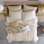 Monbix Queen Comforter Set, 7 Pieces Bedding Set with Comforter, Sheets, Pillowcases & Shams, Polyester, Apricot Beige