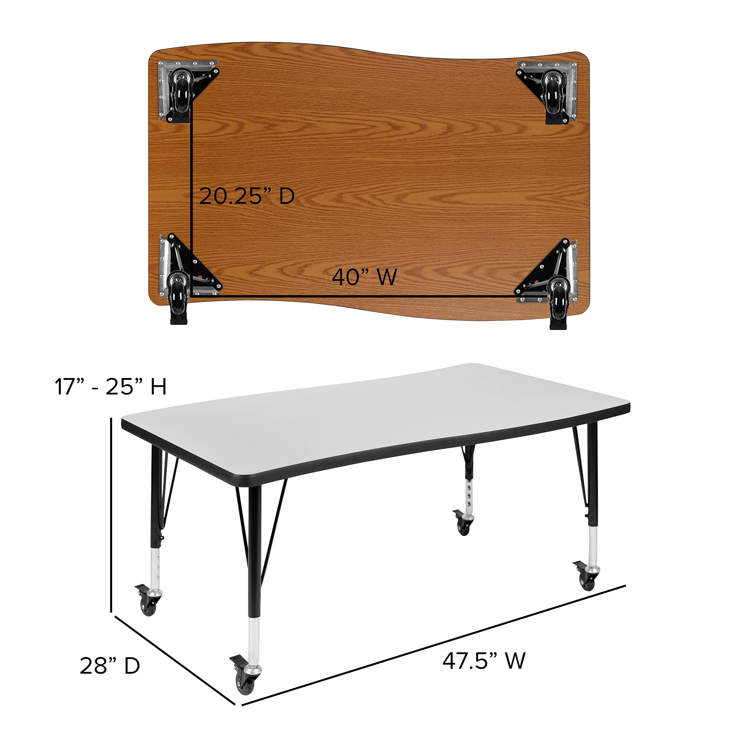 Flash Furniture Wren Mobile 28'W X 47.5'L Rectangular Wave Flexible Collaborative Grey Thermal Laminate Activity Table - Height Adjustable Short Legs