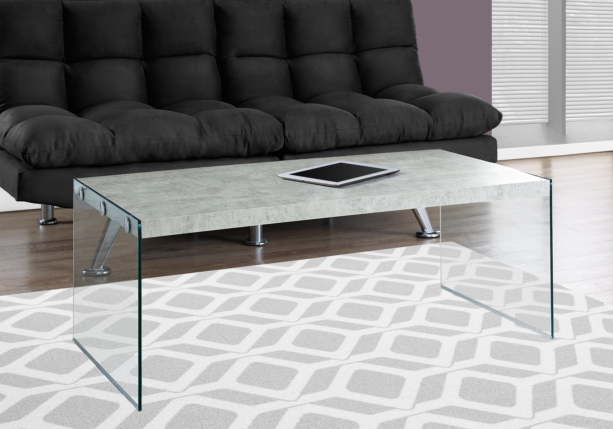 Monarch Specialties , Coffee Table, Tempered Glass, Grey Cement, 44&quot;L