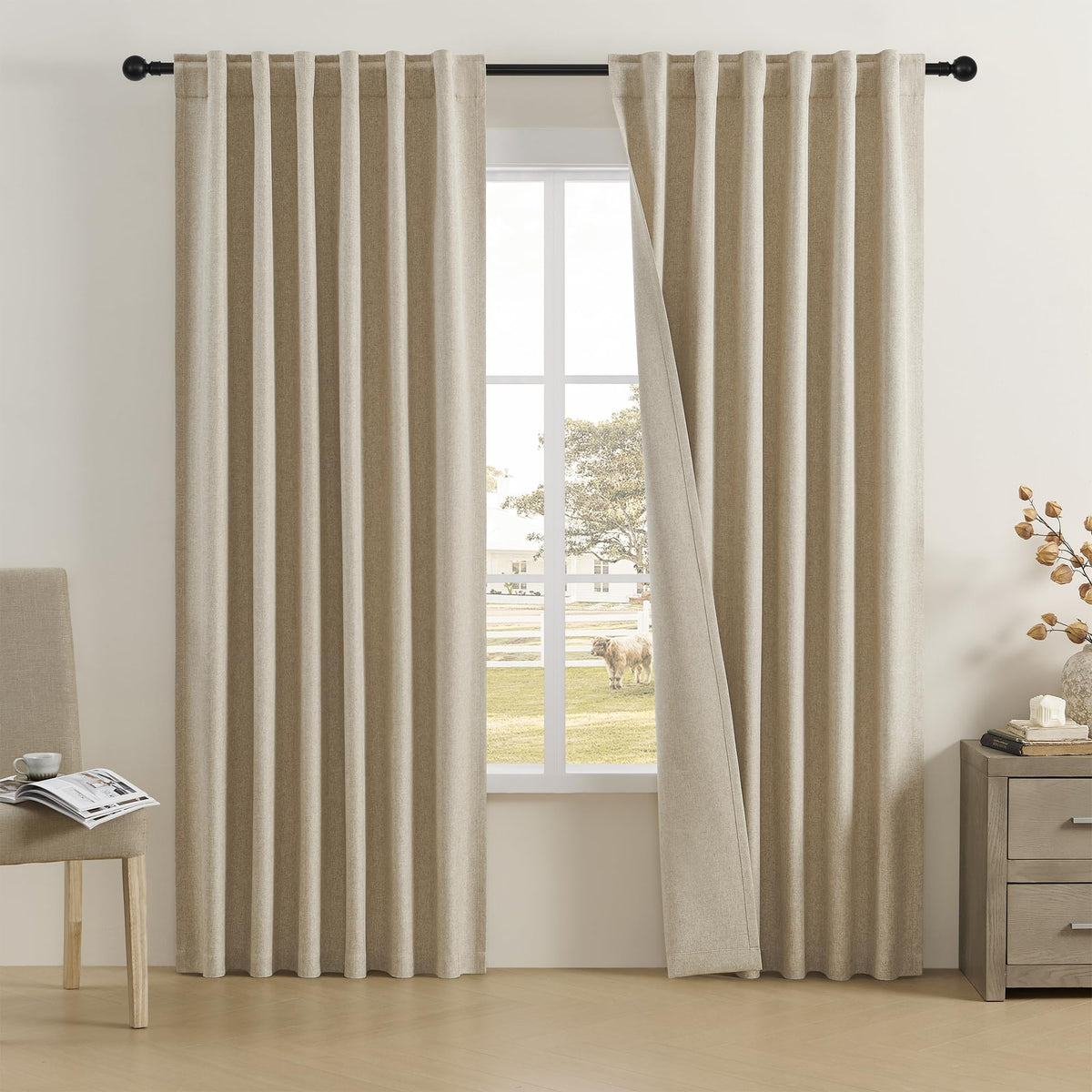 90 Inch Long Blackout Curtains-Linen Textured Curtains 2 Panels Back Tab Rod Pocket Hook Belt Drapes Thermal Insulated Light Blo