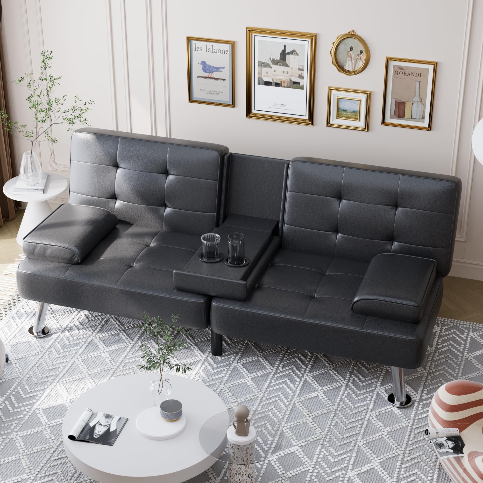 Shahoo Convertible Folding Futon Sofa Bed Sleeper Couch For Living Room Faux Leather Upholstered Loveseat W/Removable Armrests, Metal Legs, 2 Cup Holders, Black