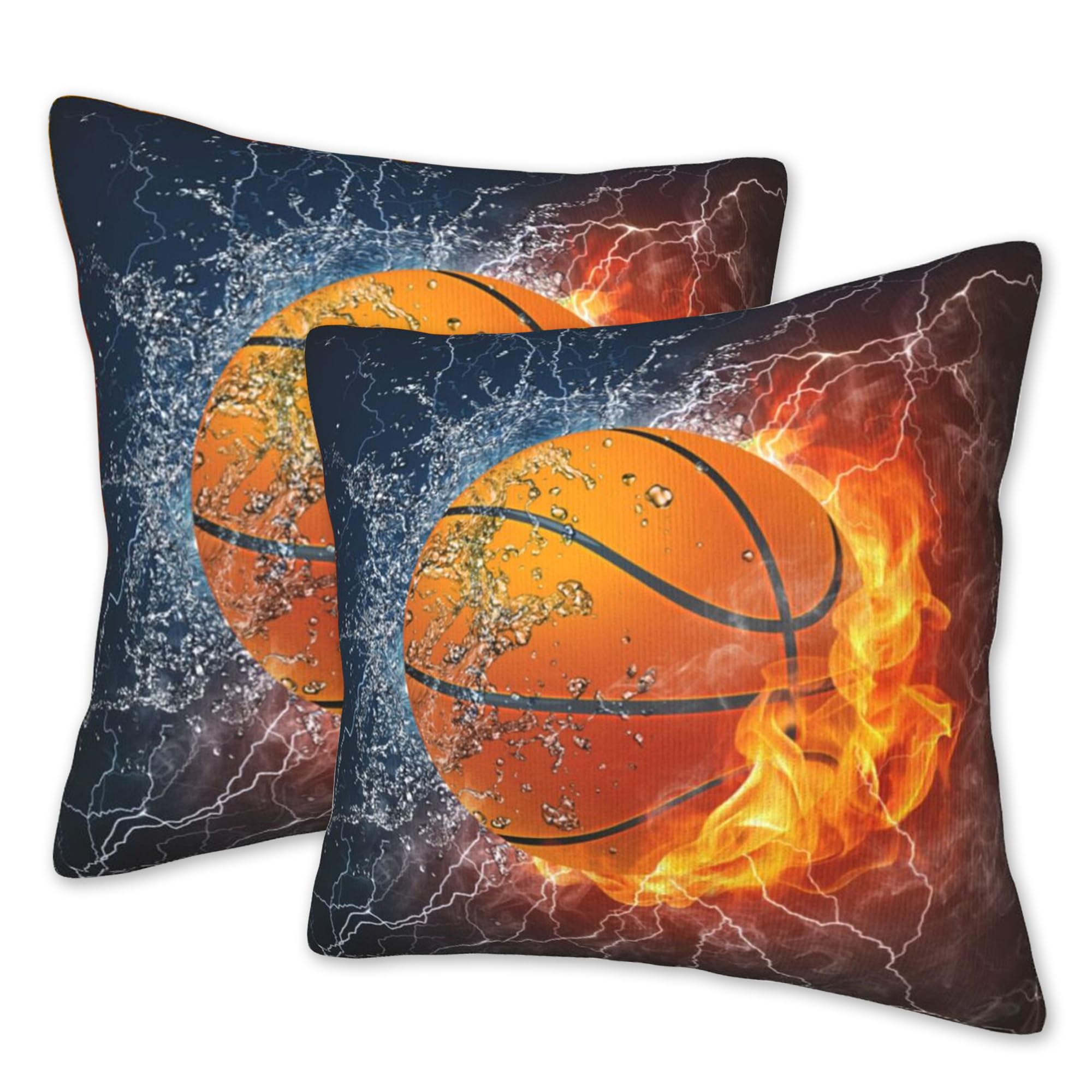 Foisiiaea Set Of 2 Throw Pillow Covers Soft Basketball And Lightening Pillow Cases 18X18 Inch Fire Water Basketball Modern Home