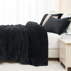 ChiXpace Fluffy King Comforter Set - Furry Black Leaves Pattern Faux Fur Bed Set, Winter Ultra Soft Fuzzy Comfort Set, Velvet Be