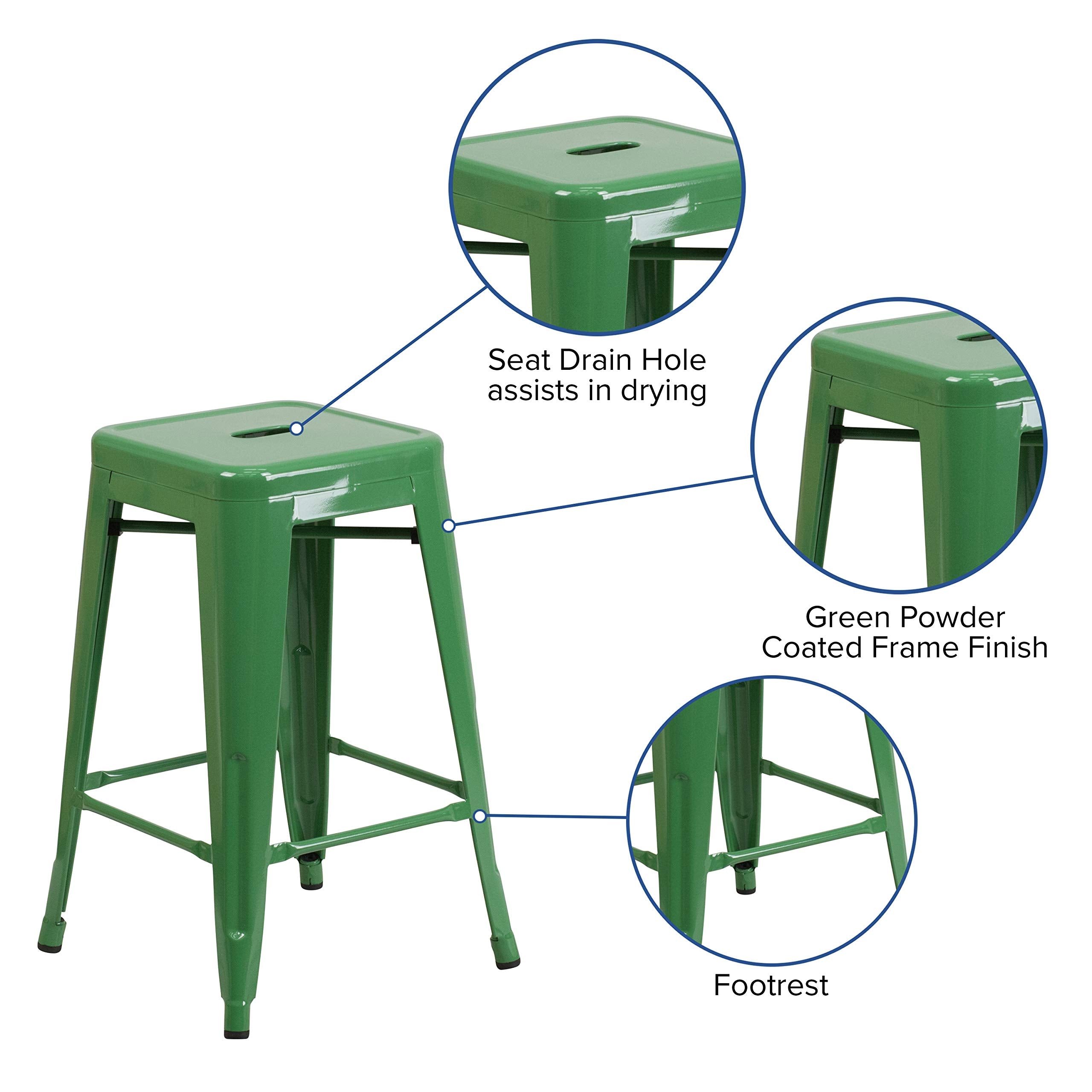 Flash Furniture Kai Commercial Grade 24&quot; High Backless Green Metal Indoor-Outdoor Counter Height Stool With Square Seat