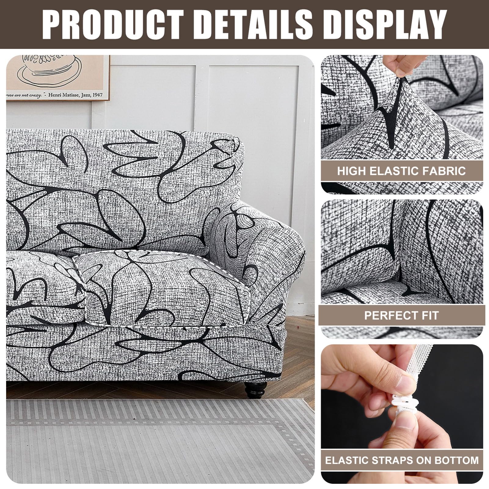 Searchi Stretch Sofa Cover Printed Couch Cover, Floral Pattern 4 Pieces Sofa Slipcover With 3 Separate Cushion Cover, Washable Furniture Protector For Living Room(Sofa, Grey Lotus+White)