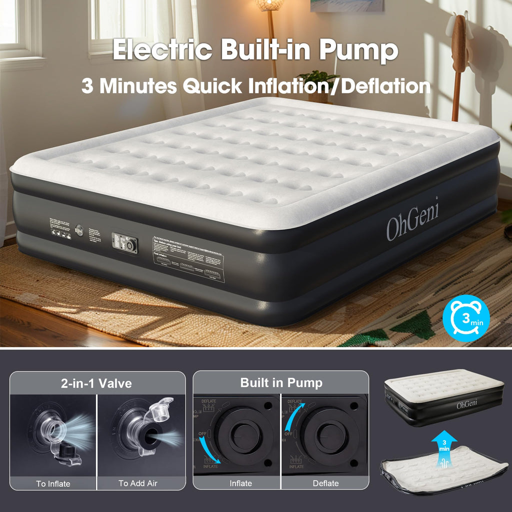 OhGeni Twin Air Mattress with Built-in Pump, 18in Tall Black Inflatable Bed for Camping, Portable & Foldable Airbed with Carrying Bag