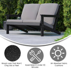 Flash Furniture Charlestown Adirondack Style Deep Seat Patio Loveseat with Cushions - Black Poly Resin Frame - Charcoal All-Weather Cushions - Indoor/Outdoor