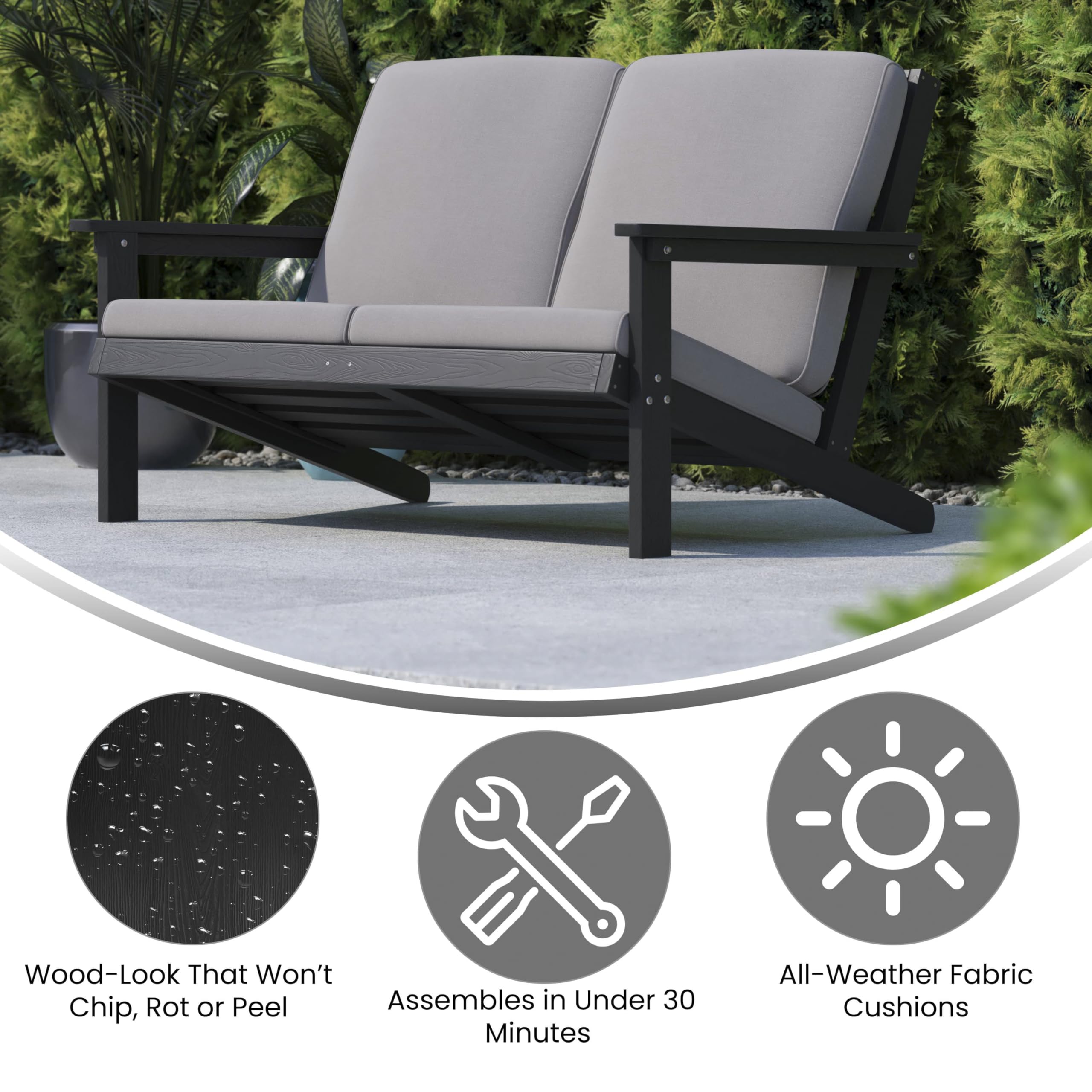Flash Furniture Charlestown Adirondack Style Deep Seat Patio Loveseat with Cushions - Black Poly Resin Frame - Charcoal All-Weather Cushions - Indoor/Outdoor