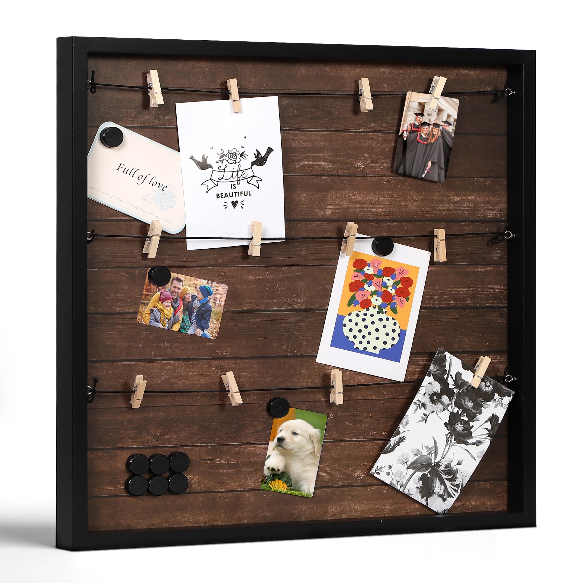 Houseables Magnetic Collage Picture Frame, Picture Boards Display, 20    x 20   , Dark Rustic Wood, Hanging Photo Board, w/Clips
