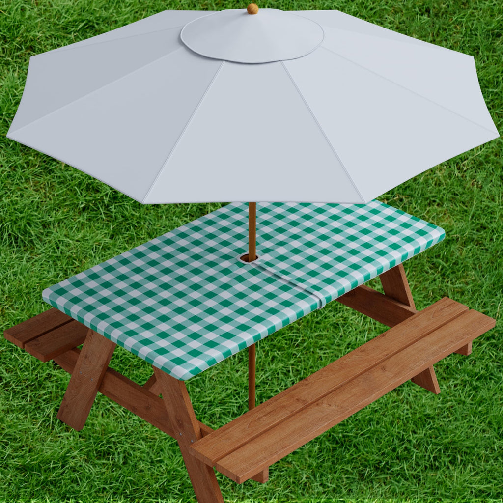 Sorfey Vinyl Umbrella Rectangle Fitted Tablecloth Cover, Checkered Design, Flannel Backed Lining 24X48 Inch, Green