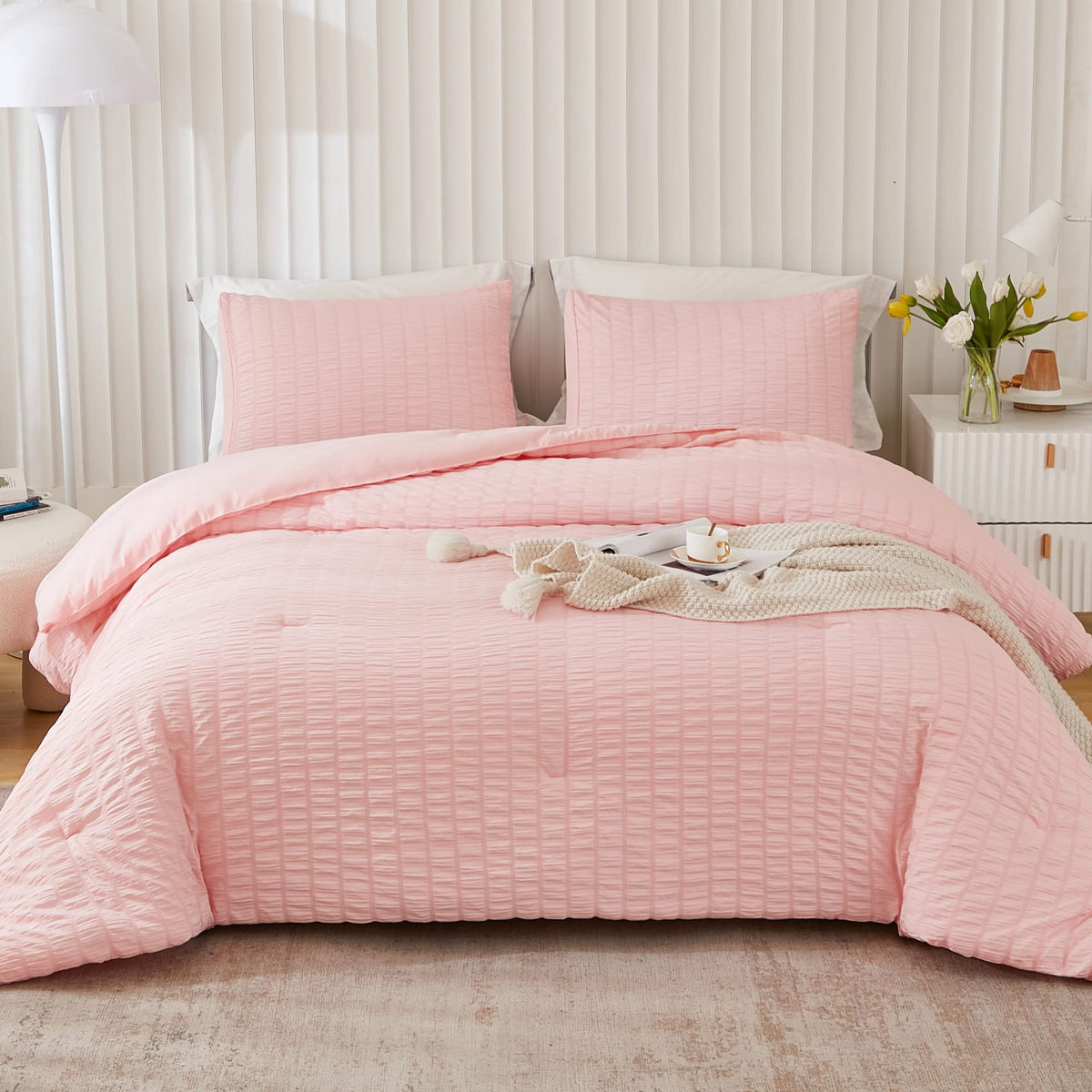 Avelom Blush Pink Seersucker California King Comforter Set (104X96 Inches), 3 Pieces-100% Soft Washed Microfiber Lightweight Comforter With 2 Pillowcases, All Season Down Alternative Bedding Set