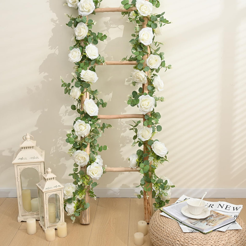 Dolicer 4Pcs 26Ft Artificial Eucalyptus Garlands With Flowers - 8 Roses, Faux Floral Greenery Garlands Fake Flowers Vines For We
