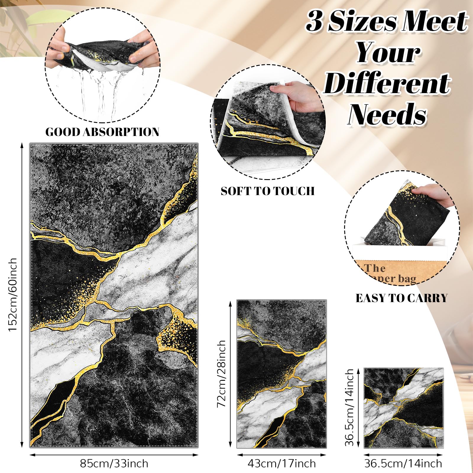 Preboun 3 Pack Black Marble Bathroom Towels Set Gold Line Hand Towels Black Bath Towels Gold Crack Dish Towels Absorbent Fingert