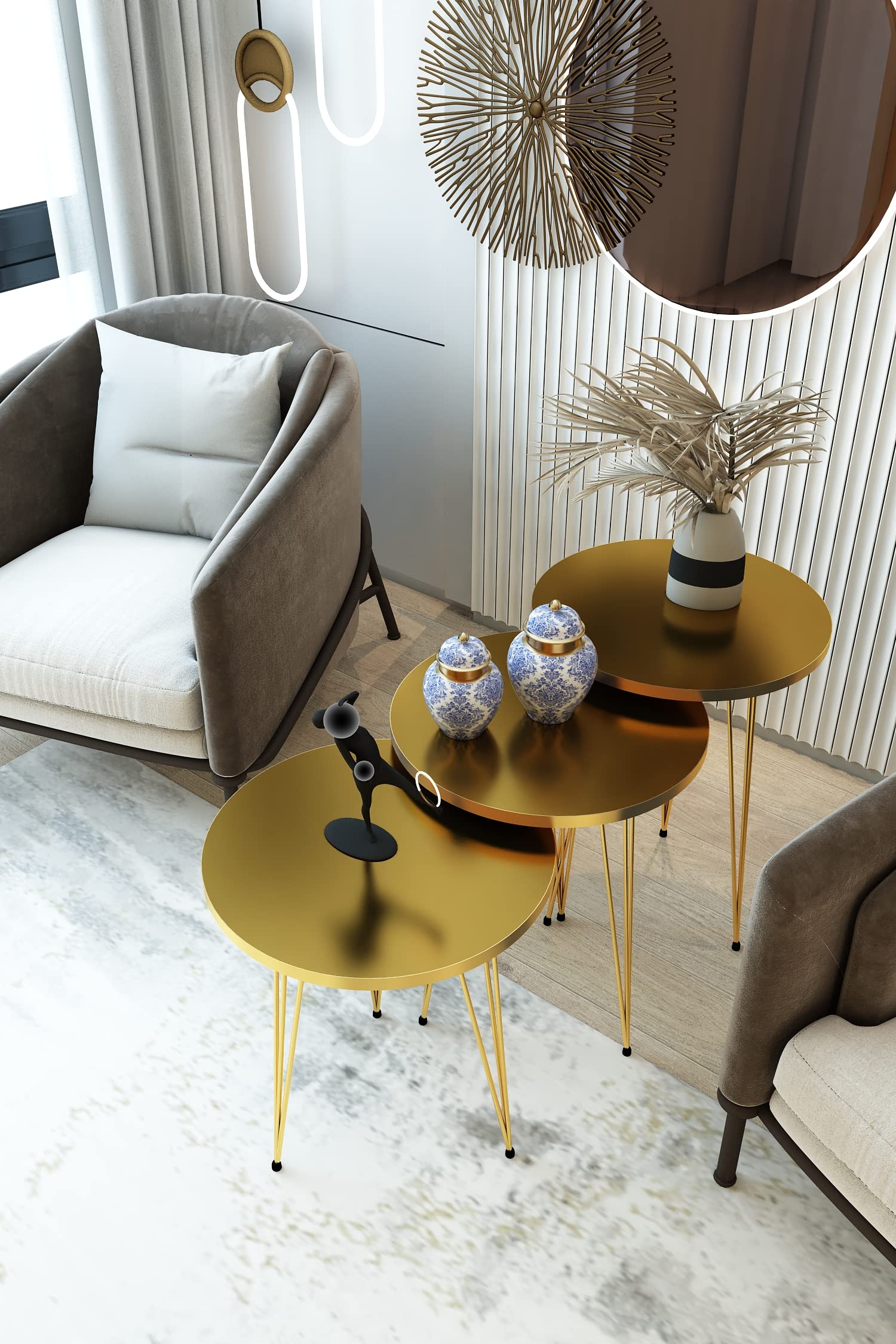 Pak Home Set Of 3 High Gloss Gold Nesting End Tables Round Wood Stacking Coffee Side Accent Table With Metal Legs For Living Room, Home Office, Nightstands For Bedroom
