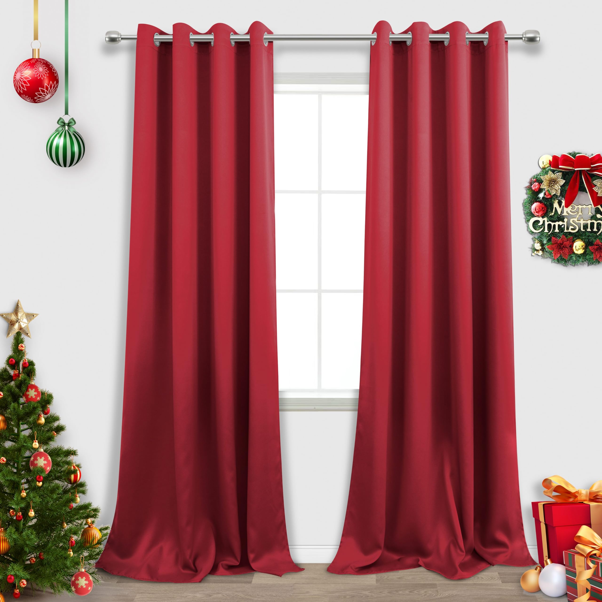 Red Curtains For Living Room,Thermal Extra Long 108 Inches 2 Panels Set Blackout Cloth Sheet Curtain Drapes For Sliding Glass Do