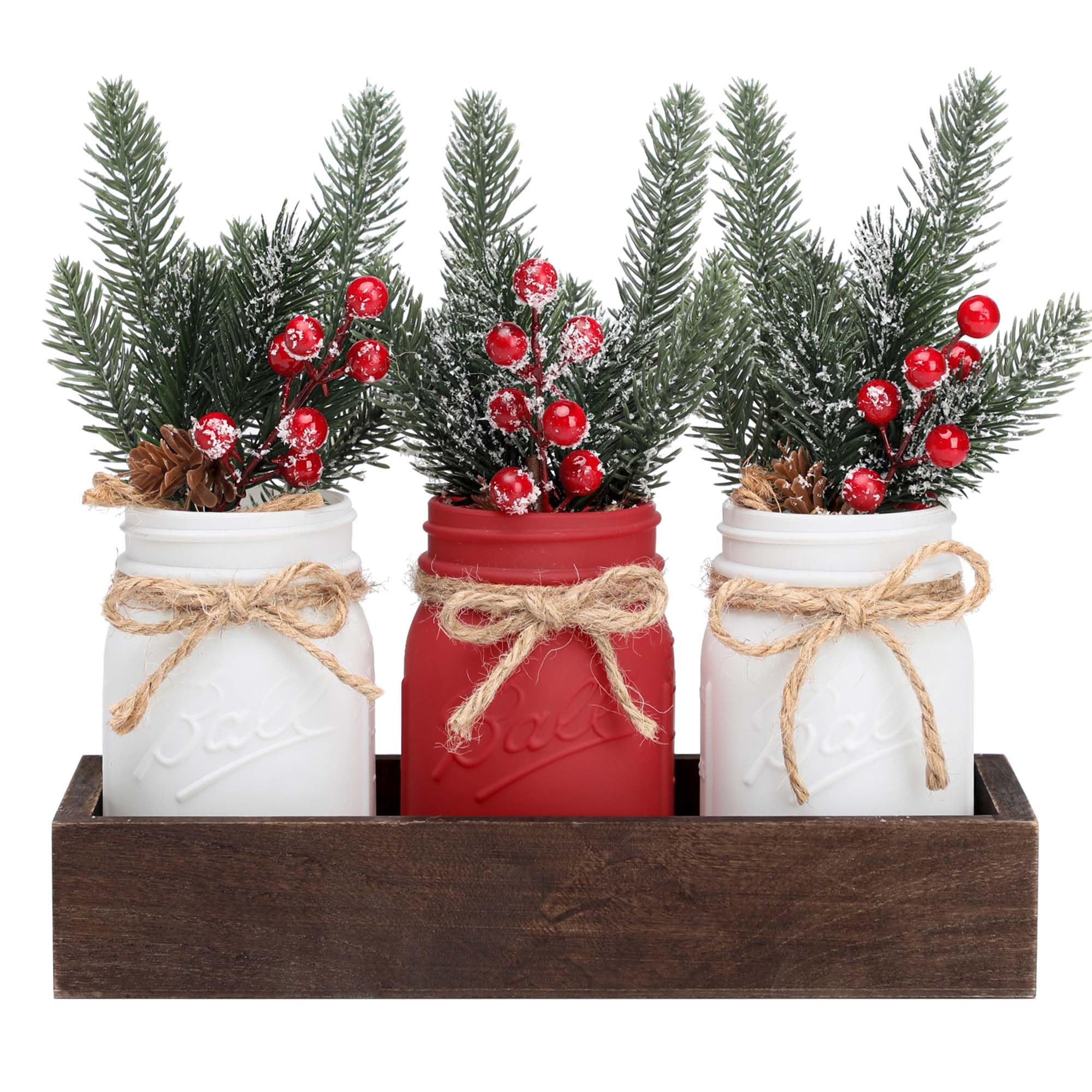 Christmas Mason Jars, Christmas Centerpieces for Tables, Wood Tray & 3 Painted Decorative Jars, Christmas Table Centerpieces Dec