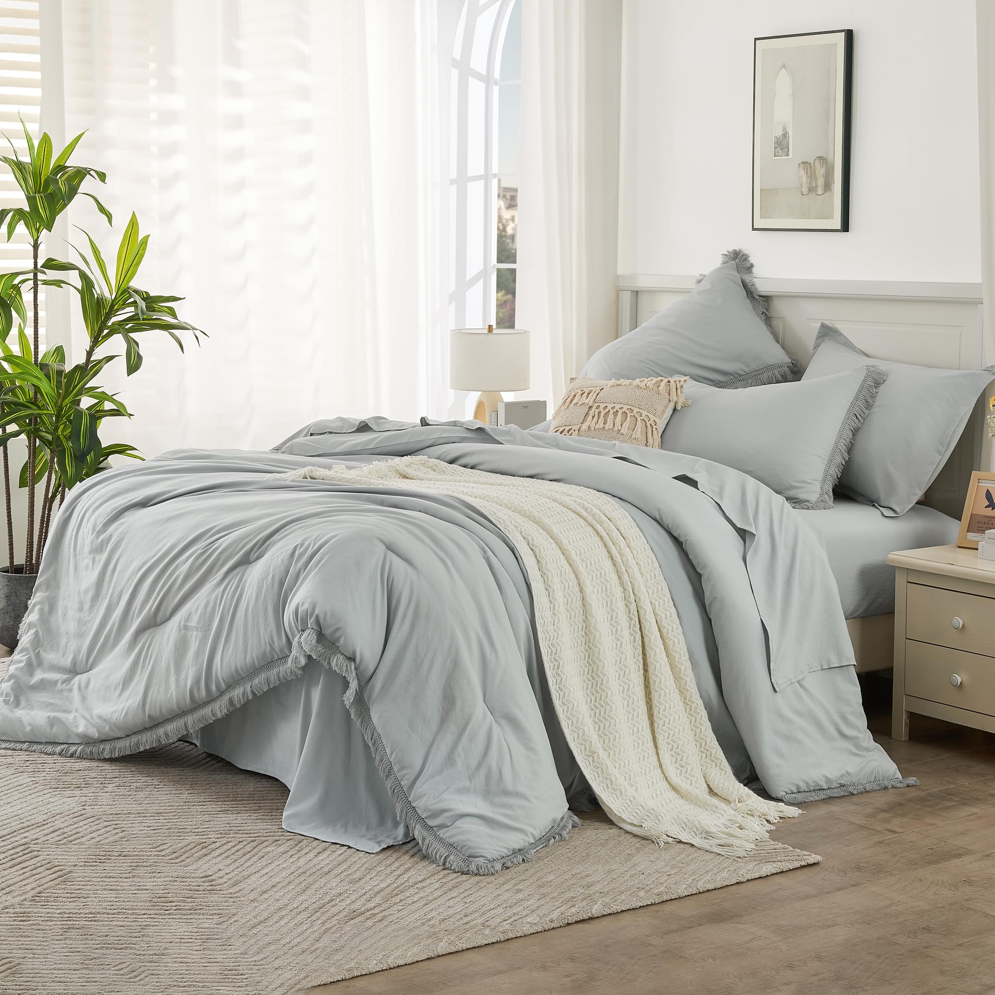 Andency Light Grey Full Size Comforter Set With Sheets - 7 Pieces Boho Tassel Bed In A Bag Soft Lightweight Bedding Sets, Light Grey Fringe Bed Set With Comforter, Sheets, Pillowcases & Shams
