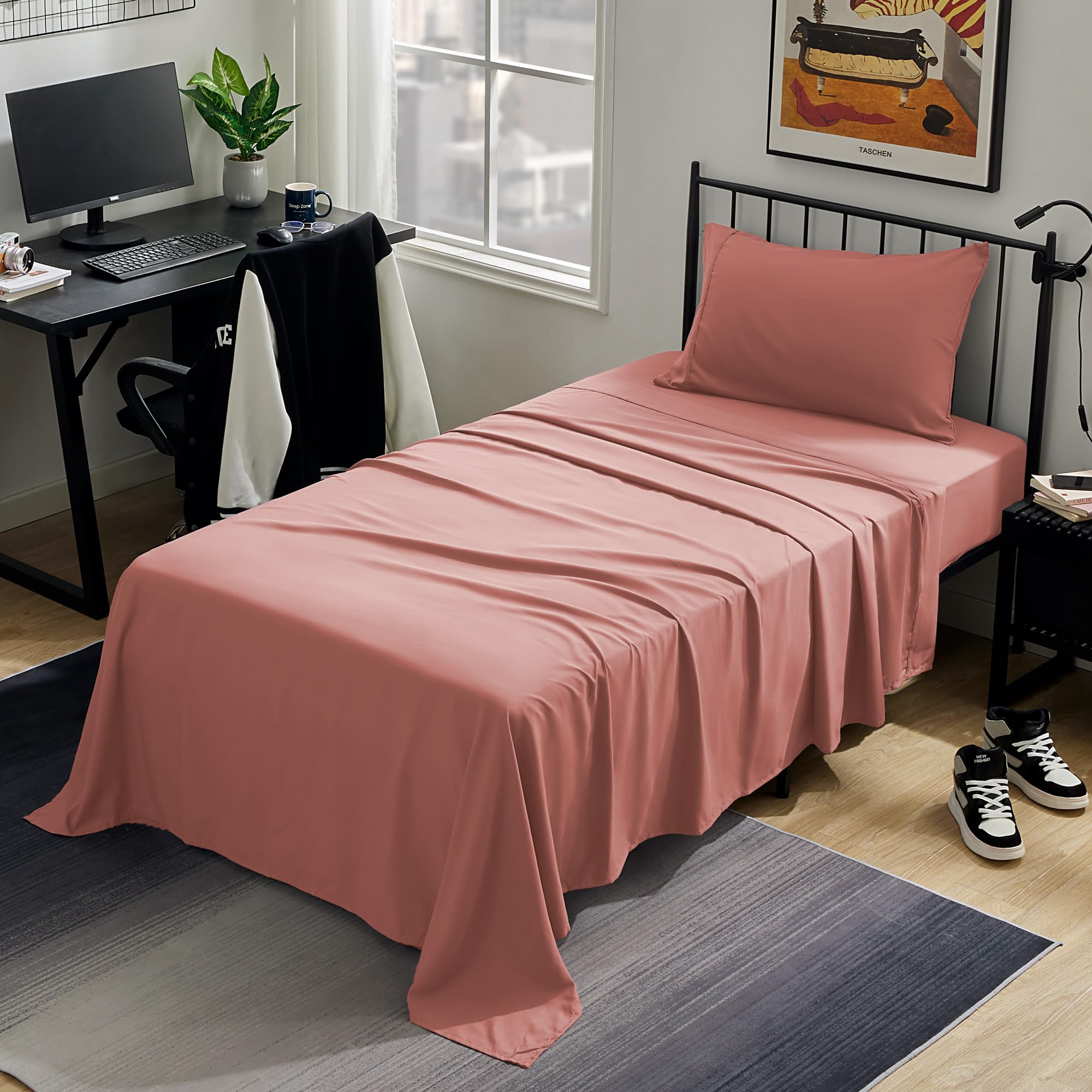 Sleep Zone Nanotex Super Soft Cooling Twin Bed Sheets Set For Kids 3 Piece - Easy Care Fitted Flat Sheet & Pillowcase Sets - Wrinkle Free, Fade Resistant, Deep Pocket 16' (Dull Pink, Twin)