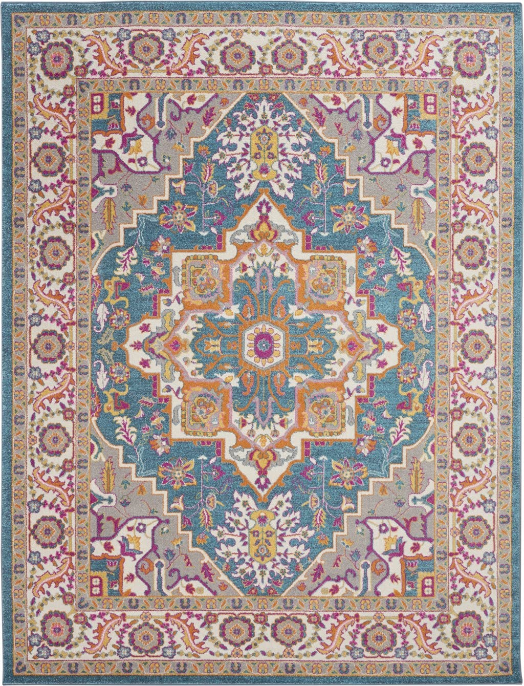 HomeRoots Teal Multicolor 100% Polypropylene 7’ x 10’ Teal and Pink Medallion Area Rug