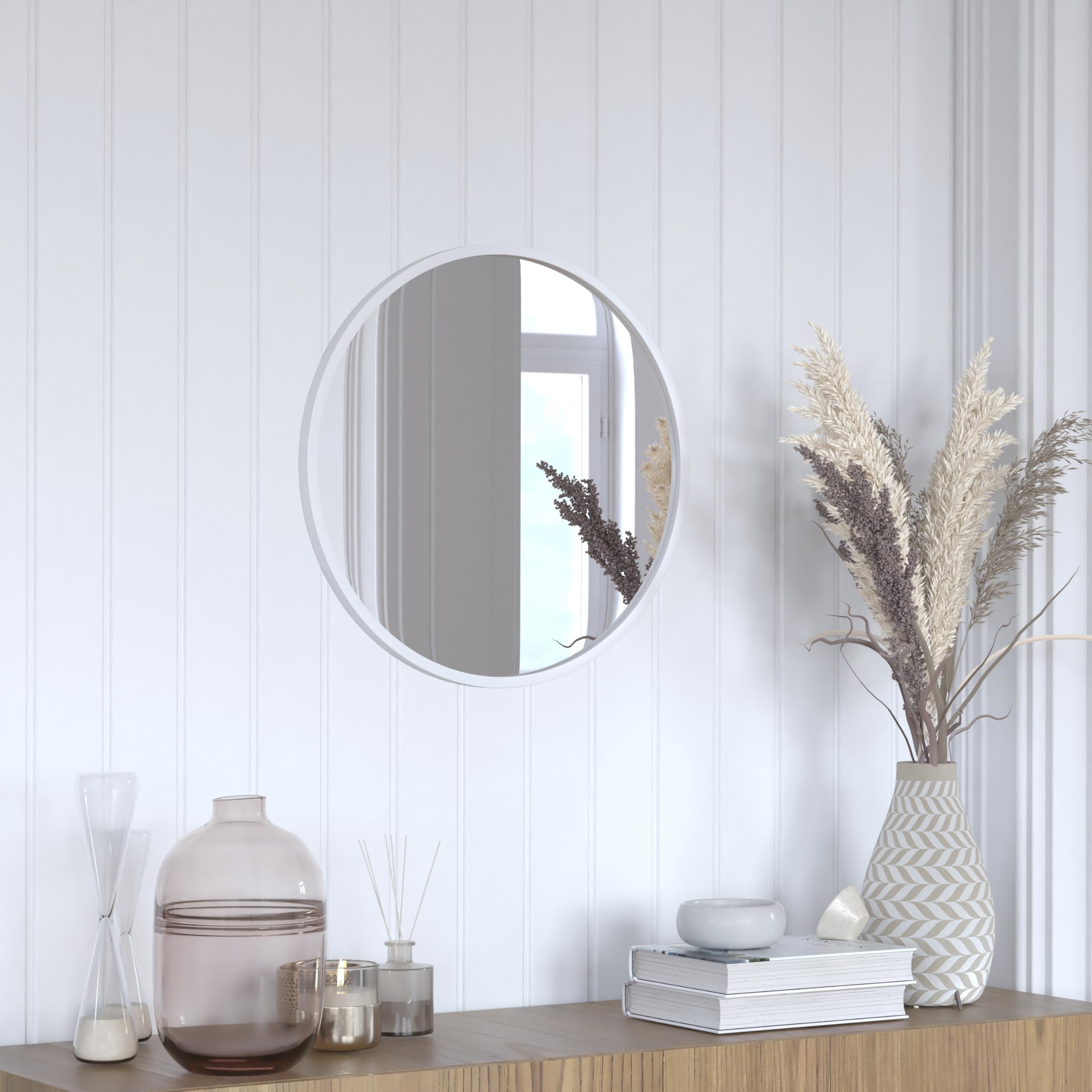 Flash Furniture Julianne Large Round Wall Mirror - Silver Circle Accent Mirror - 20&quot; Vanity Mirror - For Bathroom, Vanity, Entryway, Dining Room, & Living Room