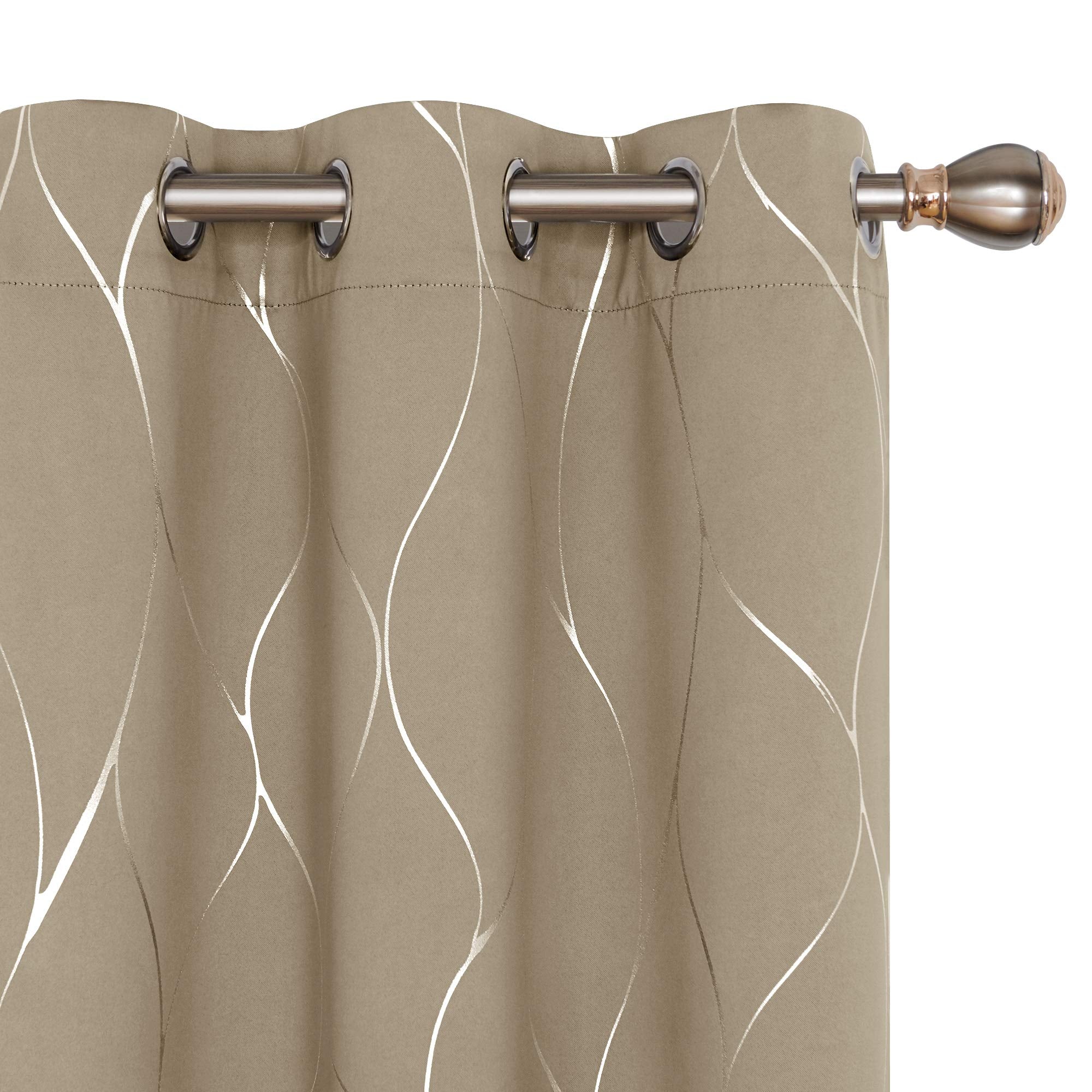 Deconovo Grommet Top Blackout Curtains, Foil Wave Printed Grommet Room Darkening Window Panels, Thermal Insulated Curtain Drapes