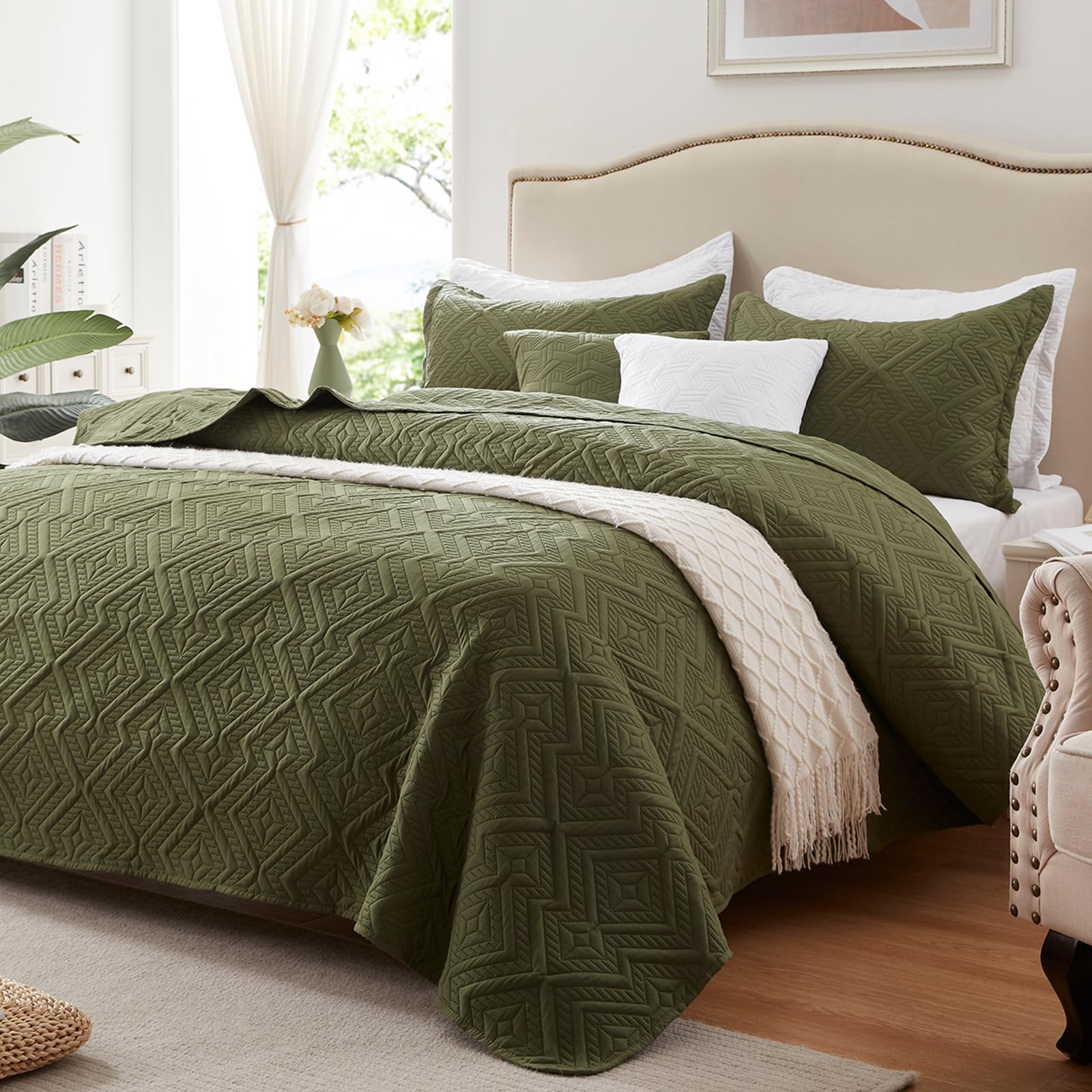 Leaonme Twin Quilt Set 2 Pieces, Lightweight Olive Green Bedspread-68''X86'', Soft Microfiber Summer Quilt/Coverlet, Luxurious W