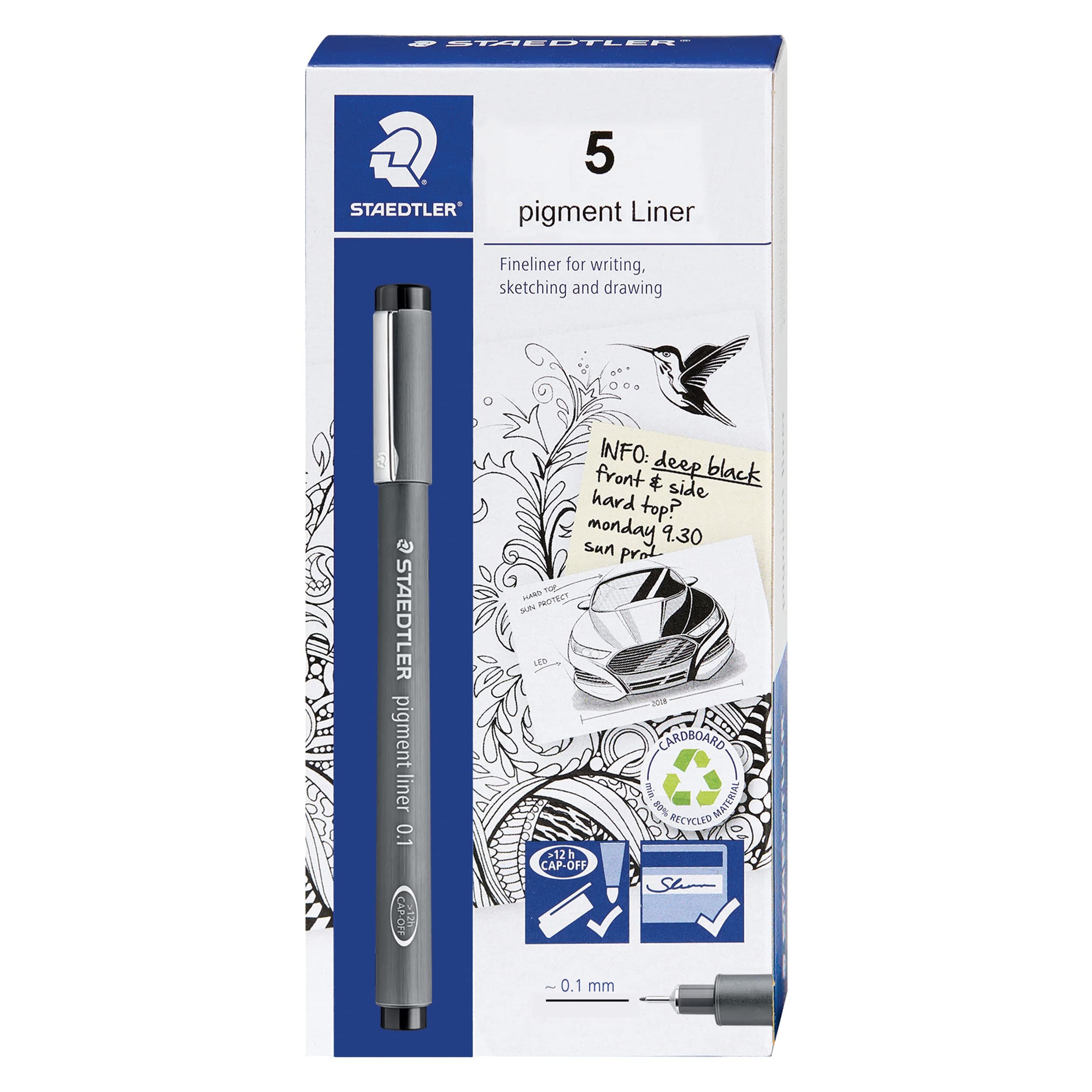 Staedtler Pigment Liner, Fineliner Pen For Drawing, Drafting, Journaling, 0.1Mm, Black, Box Of 5 Pens, 308 01-9M