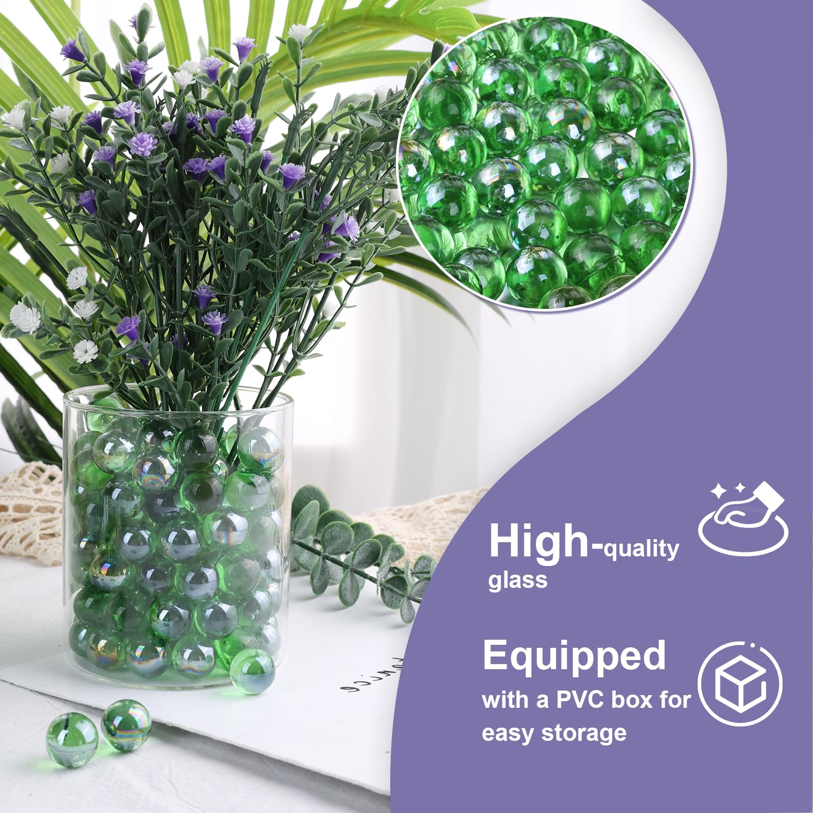 Domestar 1Lb Glass Marbles Bulk, Round Glass Marbles 0.63 Inch Vase Fillers Green Glass Beads For Marble Runs Home Decor