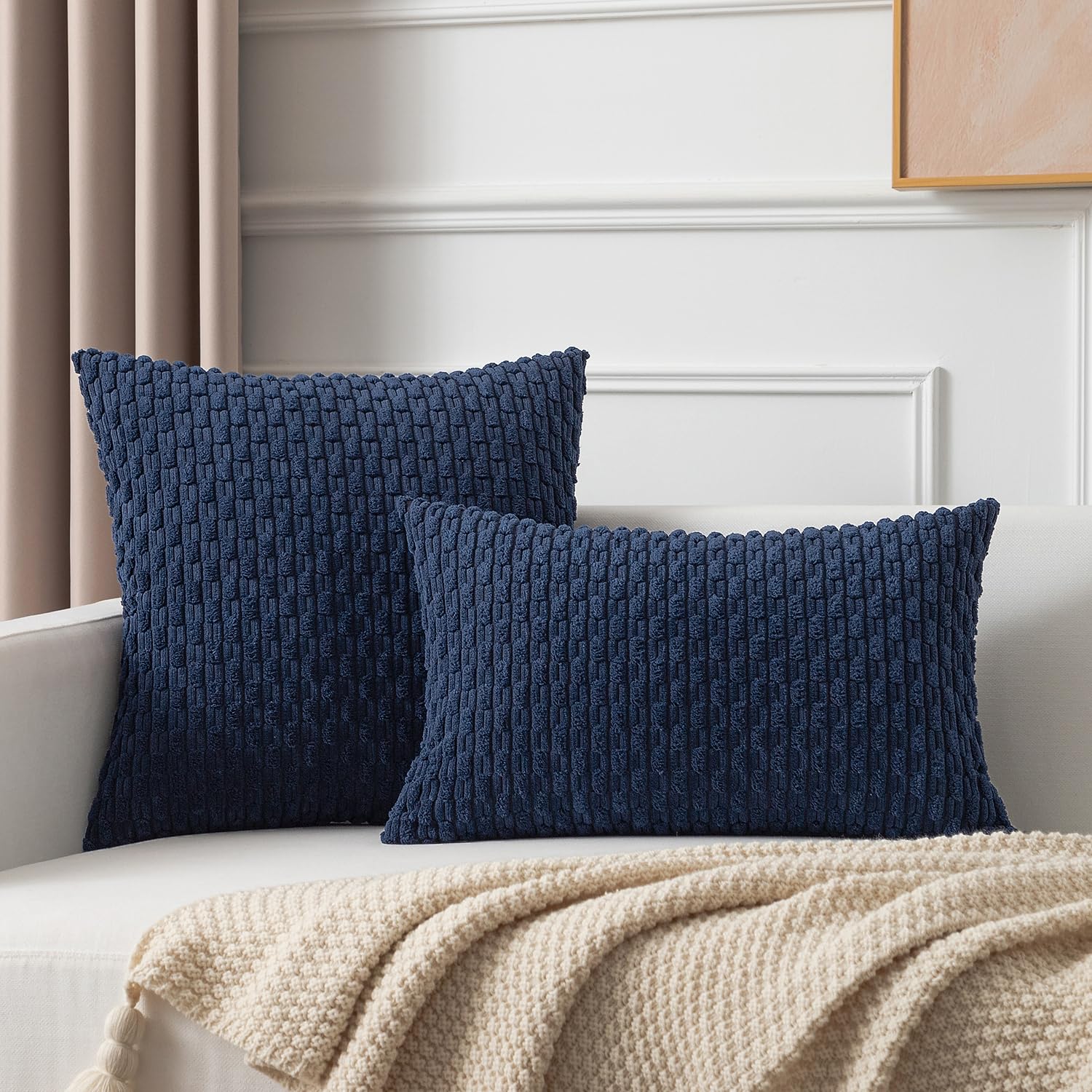 Kevin Textile Pack Of 2 Corduroy Decorative Throw Pillow Covers 26X26 Inch Soft Boho Striped Pillow Covers Modern Farmhouse Home Decor For Spring Sofa Living Room Couch Bed Navy Blue