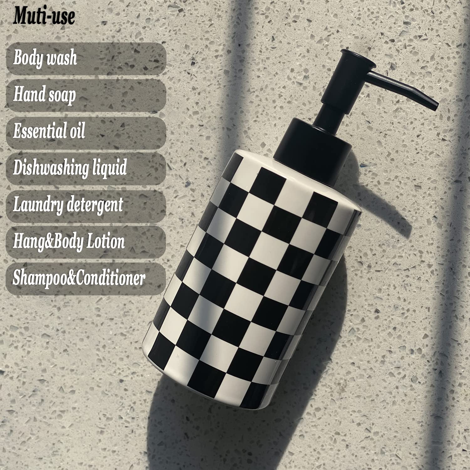 Bathroom Soap Dispenser With Matte Black Pump White Ceramic Soap Dispenser For Kitchen Checkerboard Empty Pump Bottle (Black)