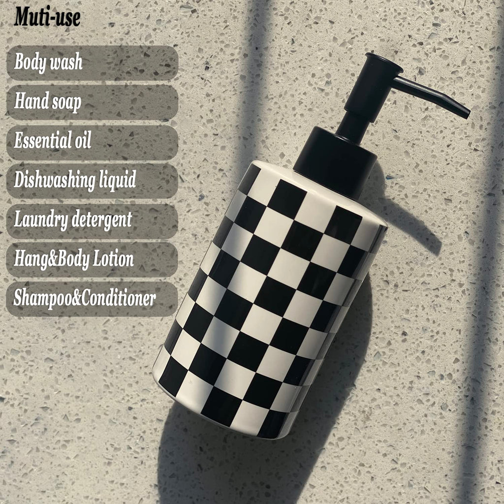 Bathroom Soap Dispenser With Matte Black Pump White Ceramic Soap Dispenser For Kitchen Checkerboard Empty Pump Bottle (Black)