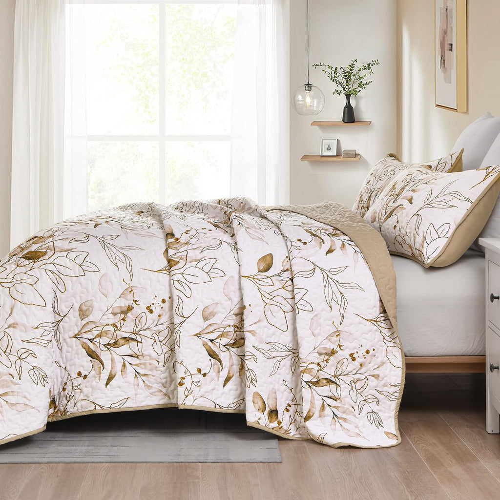 Aninbedding Floral King Quilt Set,Brown Botanical Bedspread Coverlet Set With 2 Pillowcases,Lightweight Soft Micorfiber Bedding