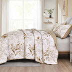 Aninbedding Floral King Quilt Set,Brown Botanical Bedspread Coverlet Set With 2 Pillowcases,Lightweight Soft Micorfiber Bedding