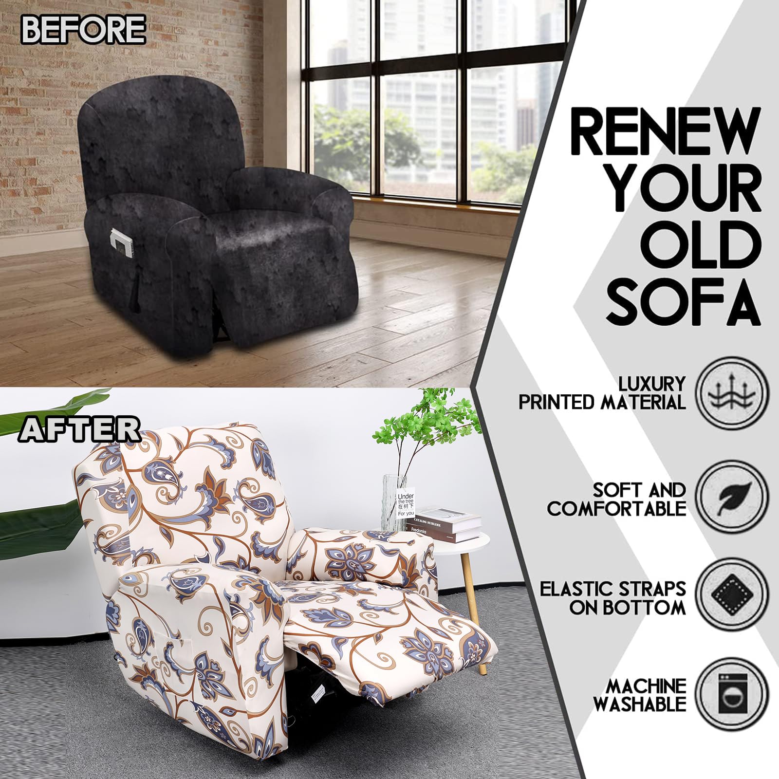 Crfatop Stretch Recliner Cover 4-Pieces 1 Seat Recliner Chair Slipcovers Printed Fallon Collection Slipcover Recliner Lazy Boy F