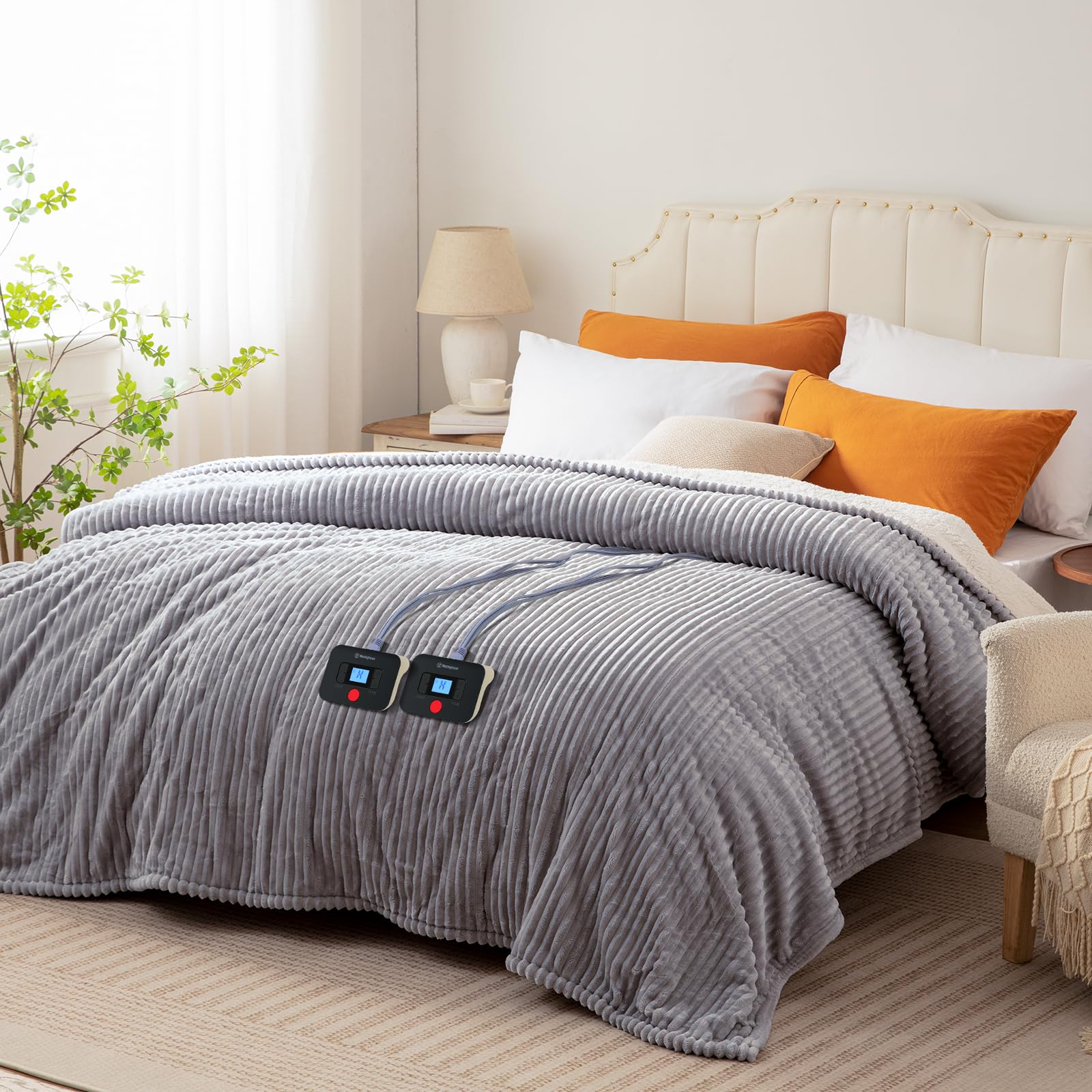 Westinghouse Electric Blanket Queen Size Soft Flannel Sherpa Heated Blanket with Dual Control 10 Heating Settings & 1-12 Hours A