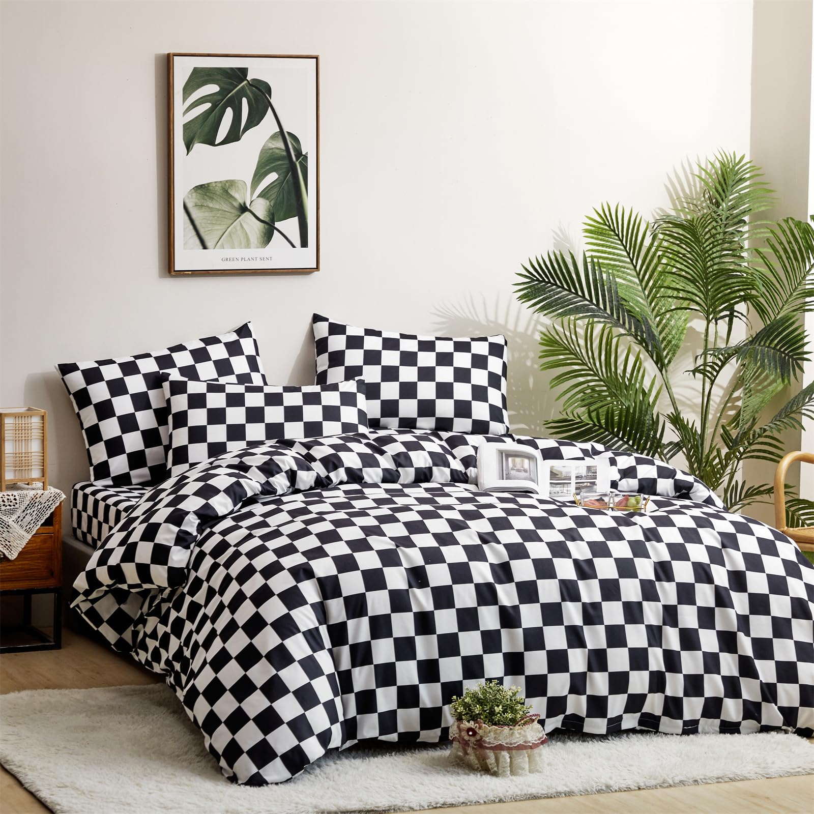 Clothknow Black White Plaid Full Comforter Set 3Pcs Grid Bedding Comforter Sets Black White Comforter Full Soft Black Checkered Full Size Comforter Sets