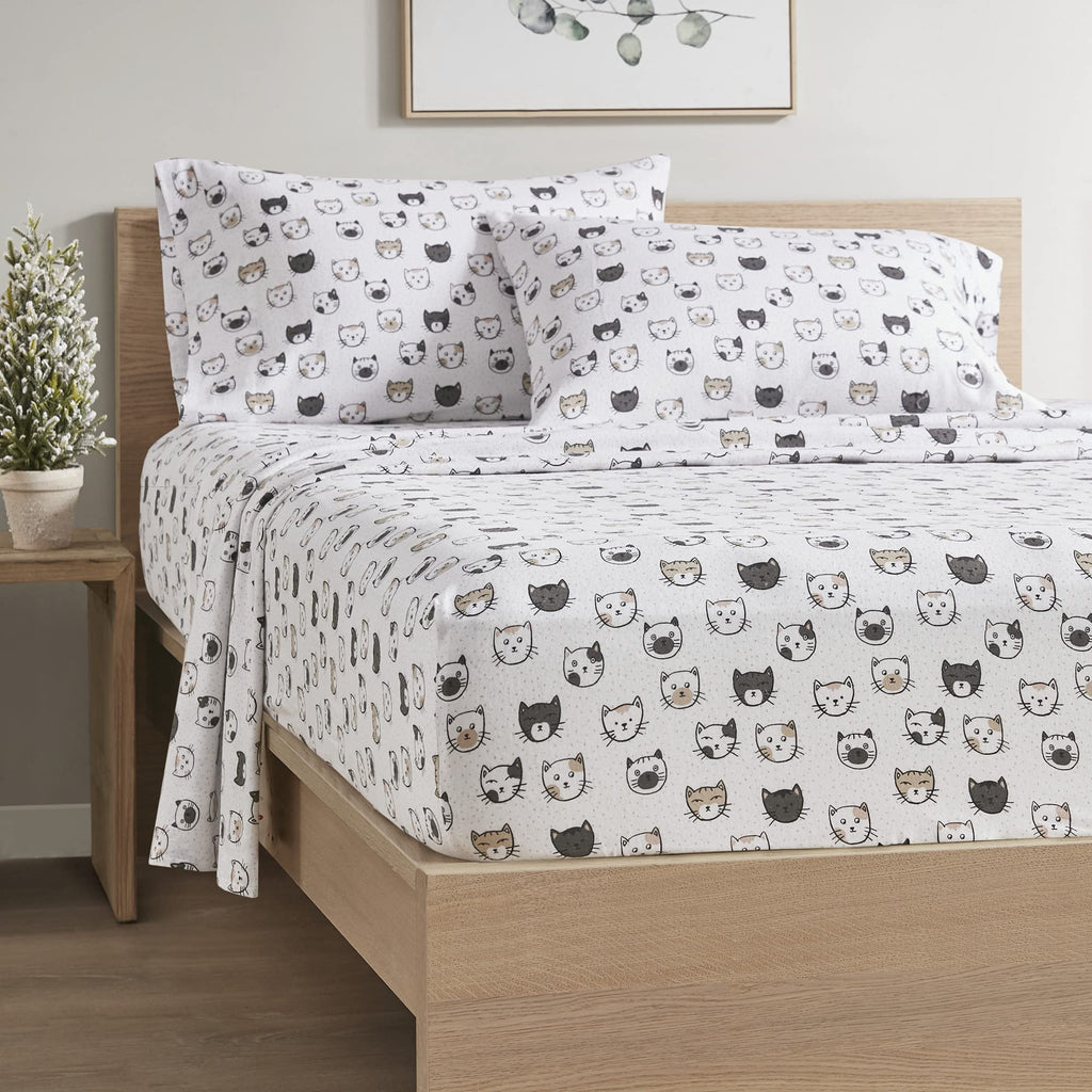 Comfort Spaces Cotton Flannel Deep Pocket Sheets, Full Size, Grey/Pink Cats, Model CS20-1415, Breathable and Warm Bedding Set