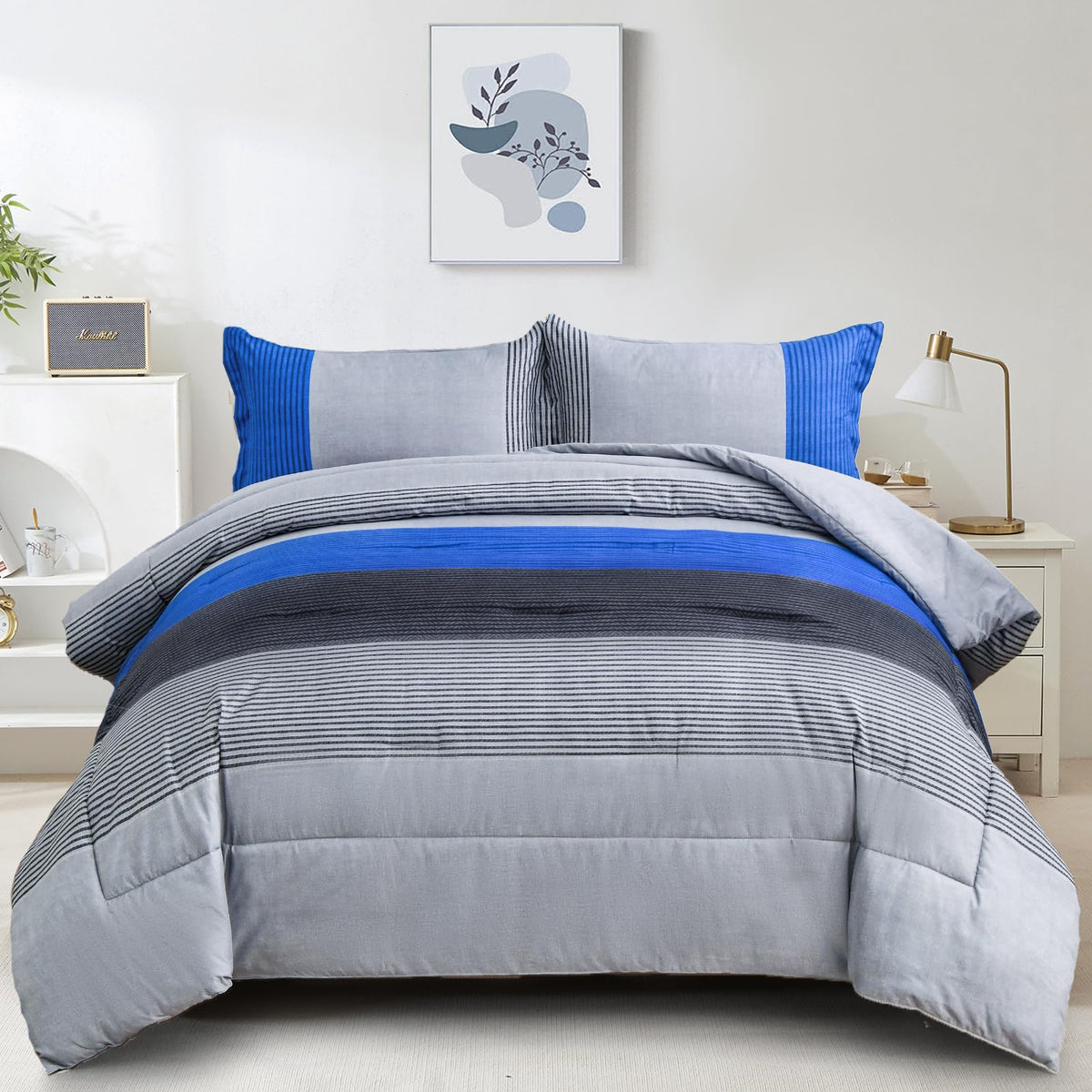 Wongs Bedding Blue Stripe Comforter Set Full Reversible Grey Blue Patchwork Bedding Comforter Set For Full Bed, 3 Pieces (1 Comf
