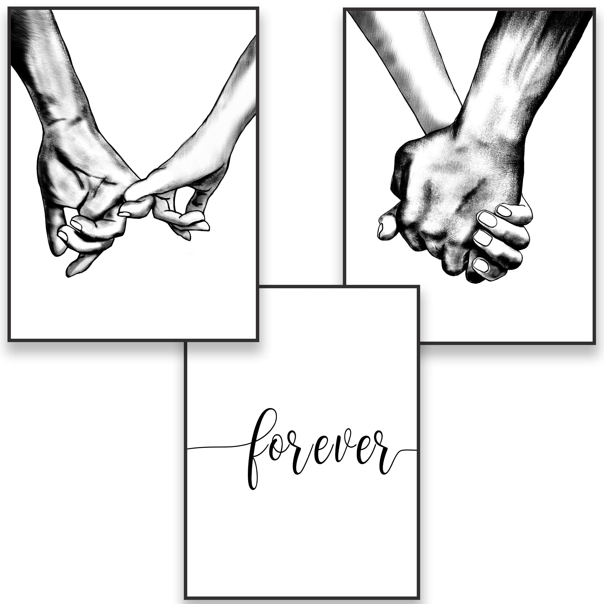 Hands Forever Framed Canvas Wall Art For Bedroom Ready To Hang 12 x16  x3 Panels, Black Frame Prints for Couples Love Drawing Ar