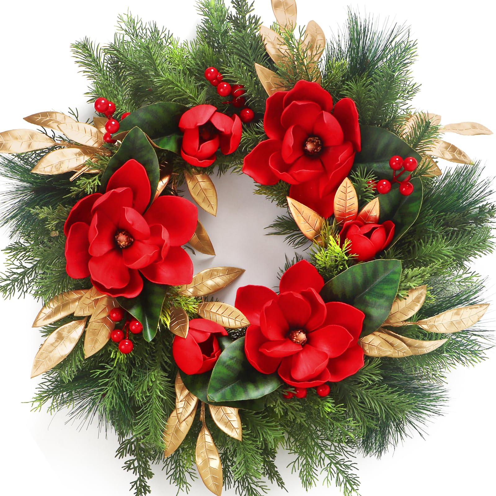 LOKEISNA Magnolia Christmas Wreath Decoration, 24 Inch Noble Wreaths for Front Door, Window,Table Decor and Home Decoration, Gor