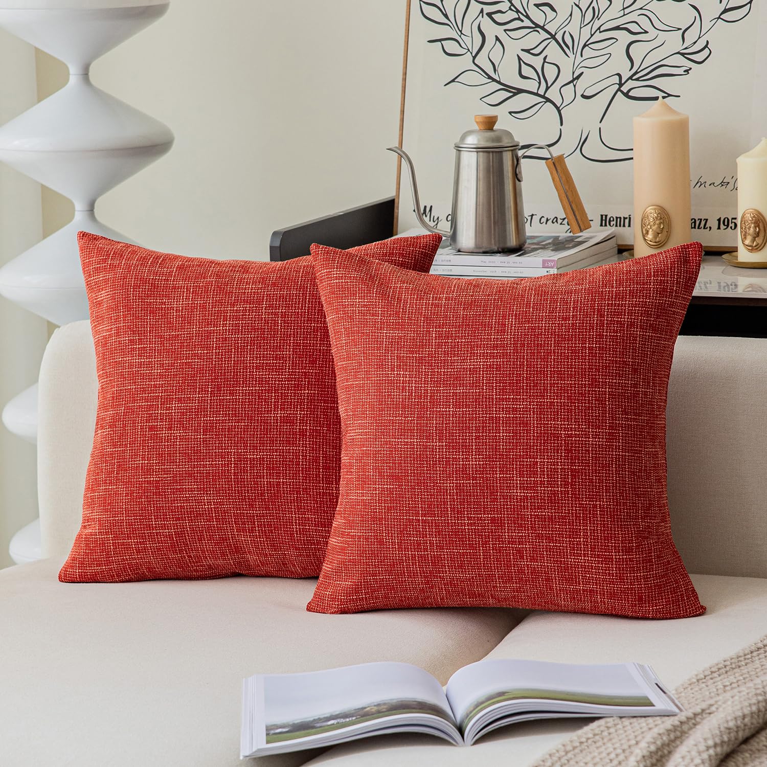 Kevin Textile Star Faux Linen Decorative Throw Pillow Covers Cushion Cover Pillow Case For Sofa Couch Bed Chair, Soft Burnt Brick Throw Pillows 22X22 Inch, Set Of 2
