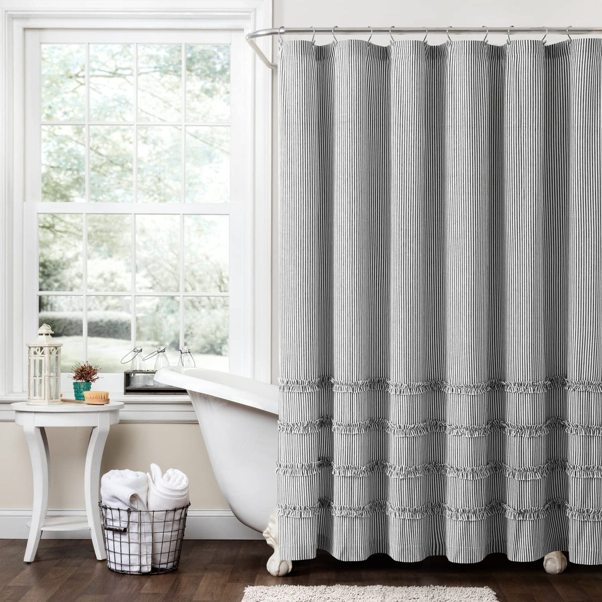 Lush Decor Vintage Stripe Yarn Dyed Cotton Shower Curtain, 72' X 72', Black