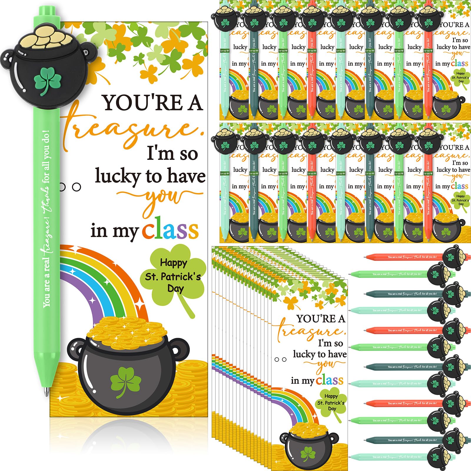 Sayglossy 48 Set St. Patrick'S Day Pens Gifts Bulk Students Appreciation Gifts Include Greeting Card With Tie And Treasure Pot B