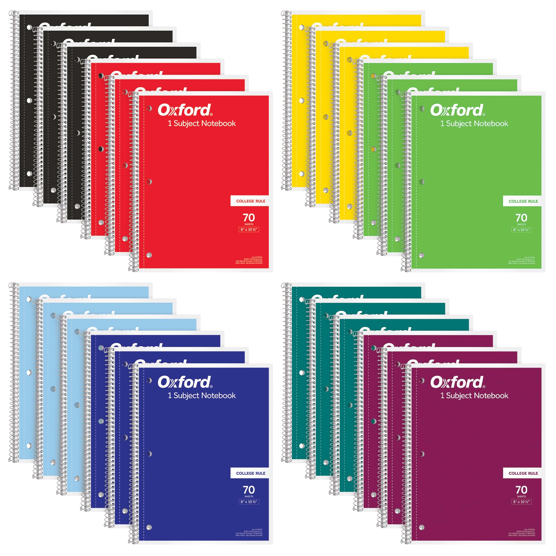 Oxford - Spiral Notebook 24 Pack Of 8 Primary Colors, 1 Subject, College Ruled, Notebooks For School - 8 X 10 1/2 Inch - 70 Shee