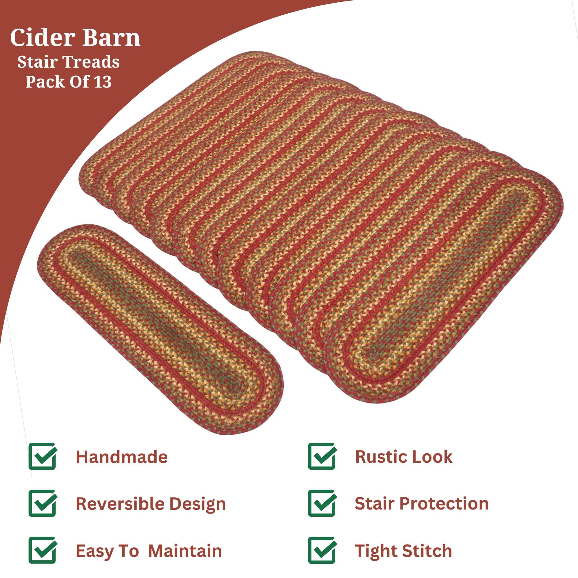 Homespice Cider Barn Premium Jute Braided Stair Tread 8'' X 28'' (Set Of 13) Oval Red Reversible, Natural Jute Yarn Rustic, Coun